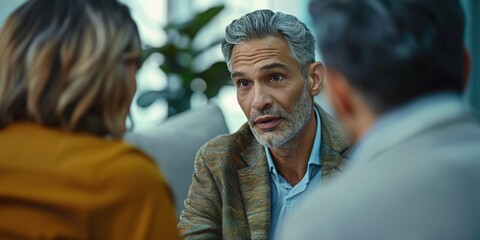 Fototapeta premium Contemplative therapist with individuals or partners engaged in mental health consultation
