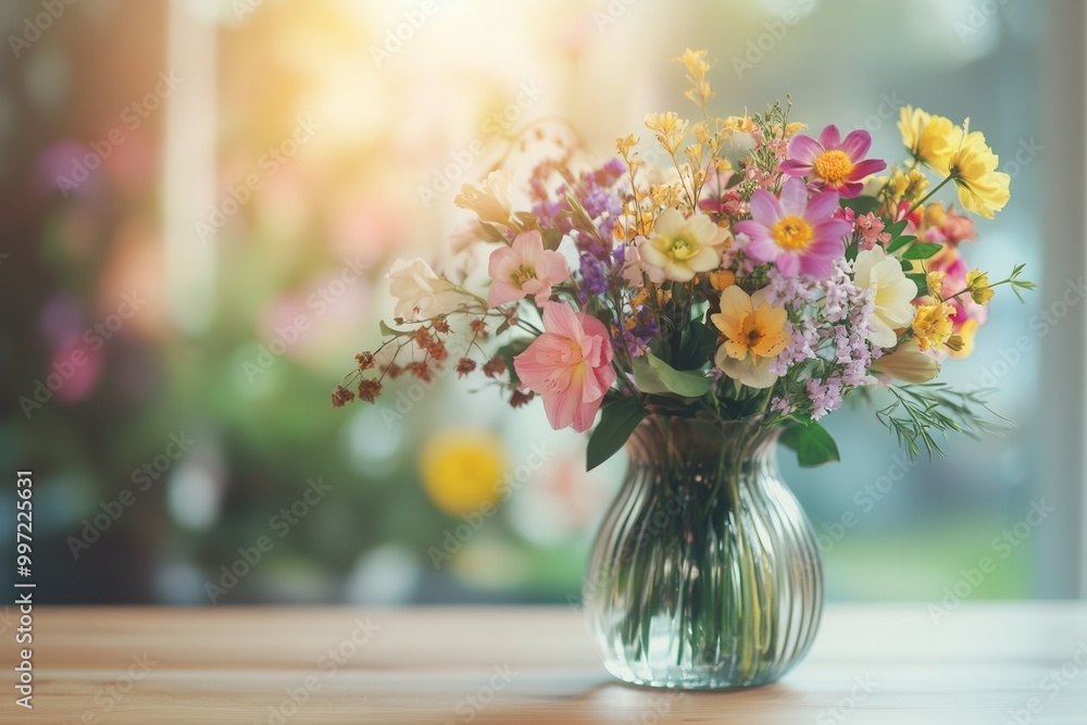 Aufkleber a vibrant bouquet of mixed flowers is arranged beautifully in a glass vase, creating a cheerful foca