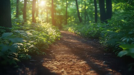 Obraz premium Hiking trail through a dense forest, natural setting, sharp focus, bright lighting, high detail
