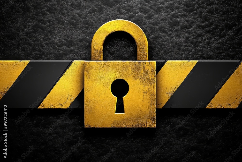 Poster grunge yellow padlock with black caution stripes on a dark background symbolizing encryption data pr