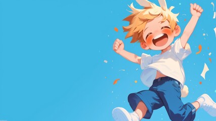 Cute Little Blonde Boy Jumping and Laughing on a sky
Background  