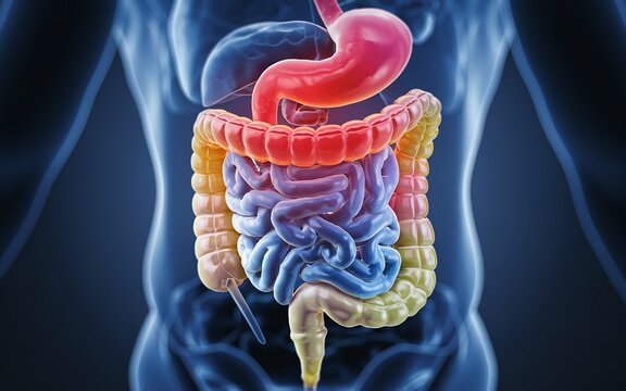 3D medical illustration of the human digestive system.
