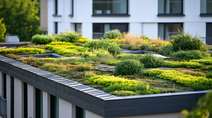 An image of a green roof on an urban building contributing to sustainability and environmental benefits.