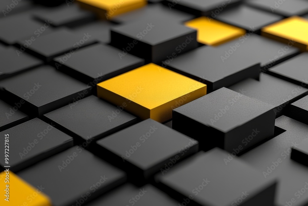 Wall mural Yellow and black cube like padlocks on a digital surface symbolizing encryption data security and cybersecurity in a high tech grid design