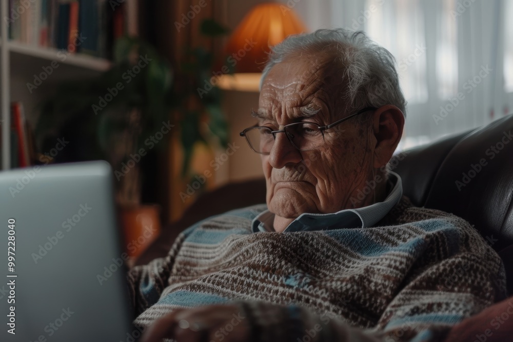 Poster senior individual smiling while using a laptop on the sofa, engaging in communication through email 