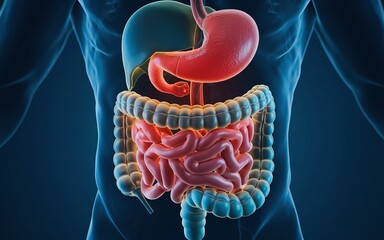 3D illustration of the human digestive system with the stomach highlighted in red.