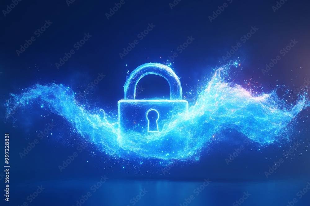 Poster neon glowing padlock with electric blue currents symbolizing encryption data security and online pro