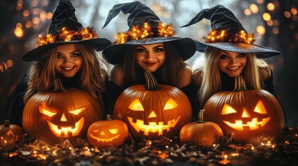 Girls Celebrating Halloween with Pumpkins and Costumes