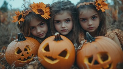 Girls Celebrating Halloween with Pumpkins and Costumes