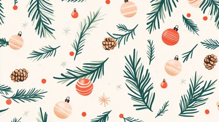 Fototapeta premium Festive holiday pattern with ornaments and pine.