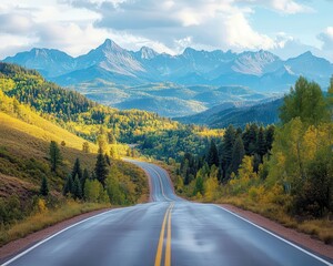Fototapeta premium Scenic drive through winding roads with mountains in the distance, natural landscape, sharp focus, vibrant colors