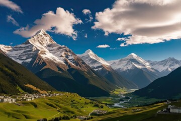 Fototapeta premium Breathtaking Views of Snowy Mountain Peaks and Lush Green Valleys