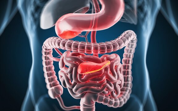 3D medical illustration of the human digestive system with the pancreas highlighted.