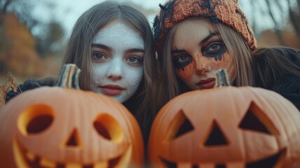 Girls Celebrating Halloween with Pumpkins and Costumes