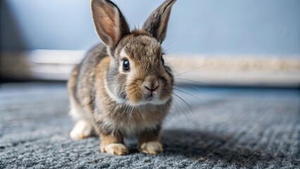 Studio portrait of cute rabbit isolated on transparent png background, happy bunny running on floor, adorable fluffy rabbit that sniffing.
