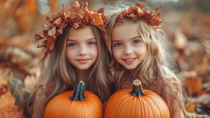 Girls Celebrating Halloween with Pumpkins and Costumes