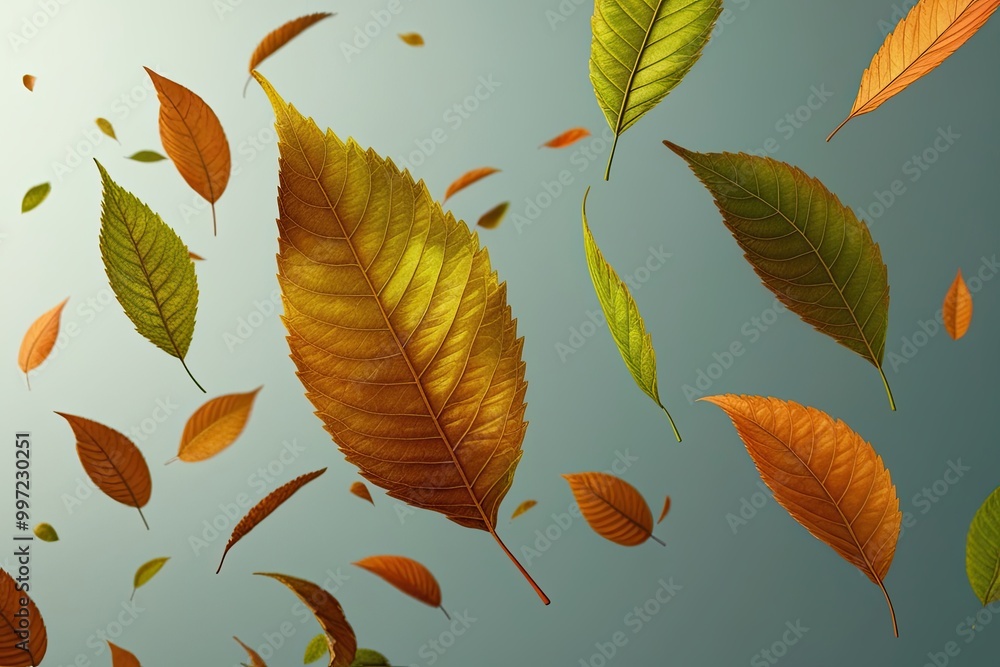 Poster dynamic motion of isolated leaves on clean backgrounds 3d render