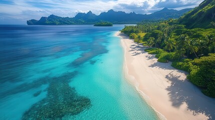Obraz premium Tropical island with white sandy beaches, clear blue waters, and lush palm trees, vibrant colors, wide shot