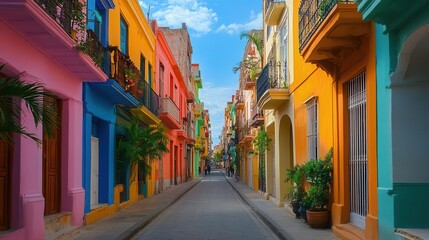 Obraz premium Urban exploration in an old city with narrow streets, colorful buildings, and a bustling atmosphere, vibrant colors