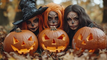 Girls Celebrating Halloween with Pumpkins and Costumes