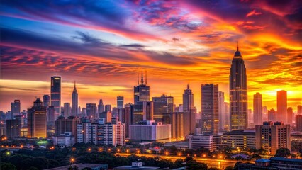 Fototapeta premium Stunning city skyline at sunset, showcasing vibrant colors and impressive skyscrapers against a dramatic sky.