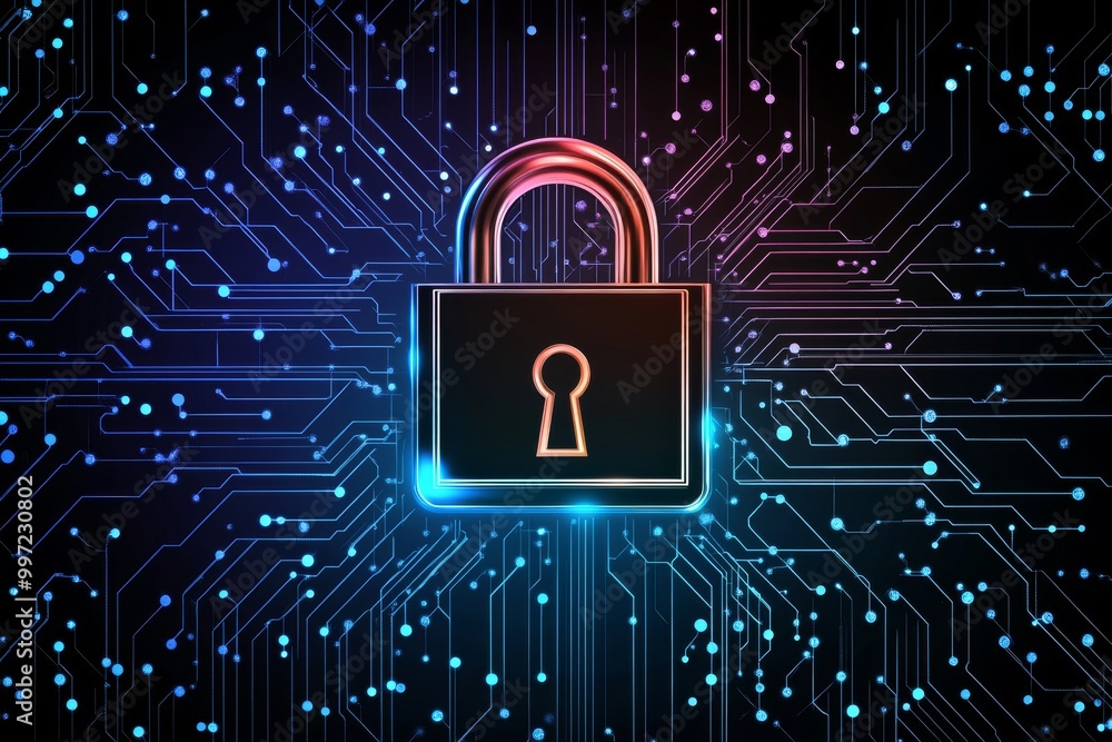 Poster yellow padlock glowing amidst a network of blue and gold cubes symbolizing encryption data security 