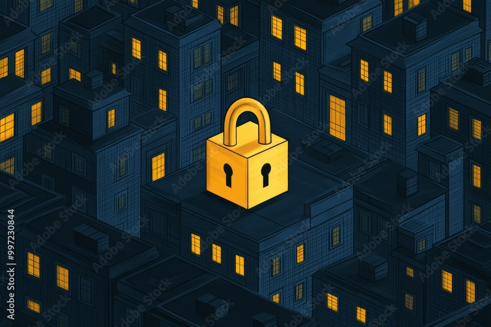 Poster red and yellow padlock with curved geometric shapes symbolizing encryption data protection and onlin