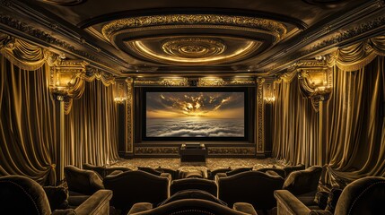 Fototapeta premium A sumptuous home theater with velvet seating, gold trimmings, and a massive screen framed by thick, luxurious drapes Ambient lighting sets the mood