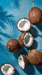 Obraz premium Tropical composition of whole and split coconuts on a blue background