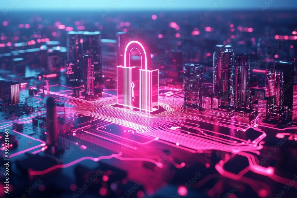 Poster pink glowing padlock with a digital city backdrop symbolizing online security data encryption and di