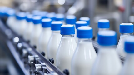 Obraz premium Empty Milk Bottle with Blue Cap in Focus, Surrounded by Other Bottles on the Production Line, Showcasing Cutting-Edge Innovation in Food Packaging in a Clean, Well-Lit Factory Setting