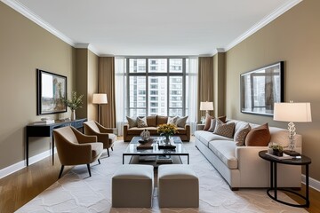 Fototapeta premium Chic Apartment Decor with Spacious Living Room and Warm Beige Walls