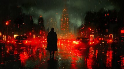 Rainy Night Cityscape: A Man Walks Through the Gloom