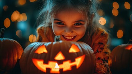 Girls Celebrating Halloween with Pumpkins and Costumes