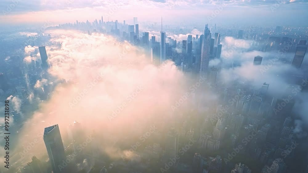 Poster the skyline of new york city emerges through a blanket of fog at dawn, with skyscrapers towering abo
