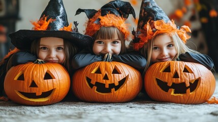 Girls Celebrating Halloween with Pumpkins and Costumes