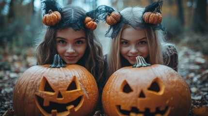 Girls Celebrating Halloween with Pumpkins and Costumes