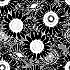 seamless black and white floral pattern on a gray background, texture, design