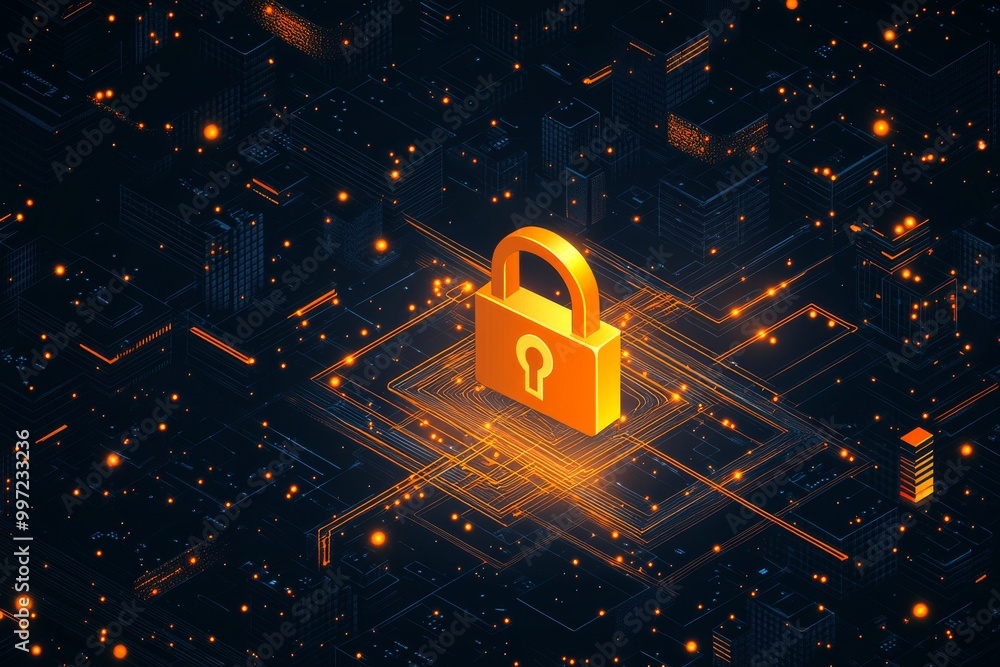 Poster neon orange padlock glowing amidst a dark tech grid symbolizing encryption data security and digital