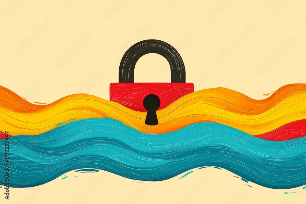 Poster cartoon style black padlock nestled between colorful waves symbolizing data protection encryption an