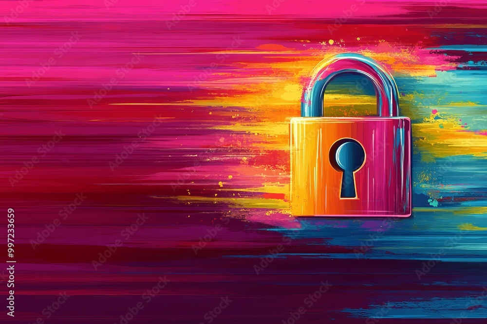 Poster brightly colored padlock with abstract paintbrush strokes in the background representing data securi