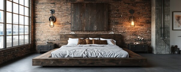 A trendy industrial master bedroom with a low-profile wooden bed, minimalist metal decor, and a dramatic brick wall with industrial sconces