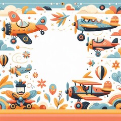 Decorative frame with vintage airplanes. Border with aircraft. Empty space for text, date. Greeting template