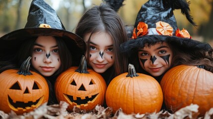 Girls Celebrating Halloween with Pumpkins and Costumes