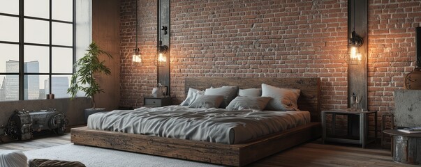 A trendy industrial master bedroom with a low-profile wooden bed, minimalist metal decor, and a dramatic brick wall with industrial sconces