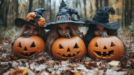 Girls Celebrating Halloween with Pumpkins and Costumes