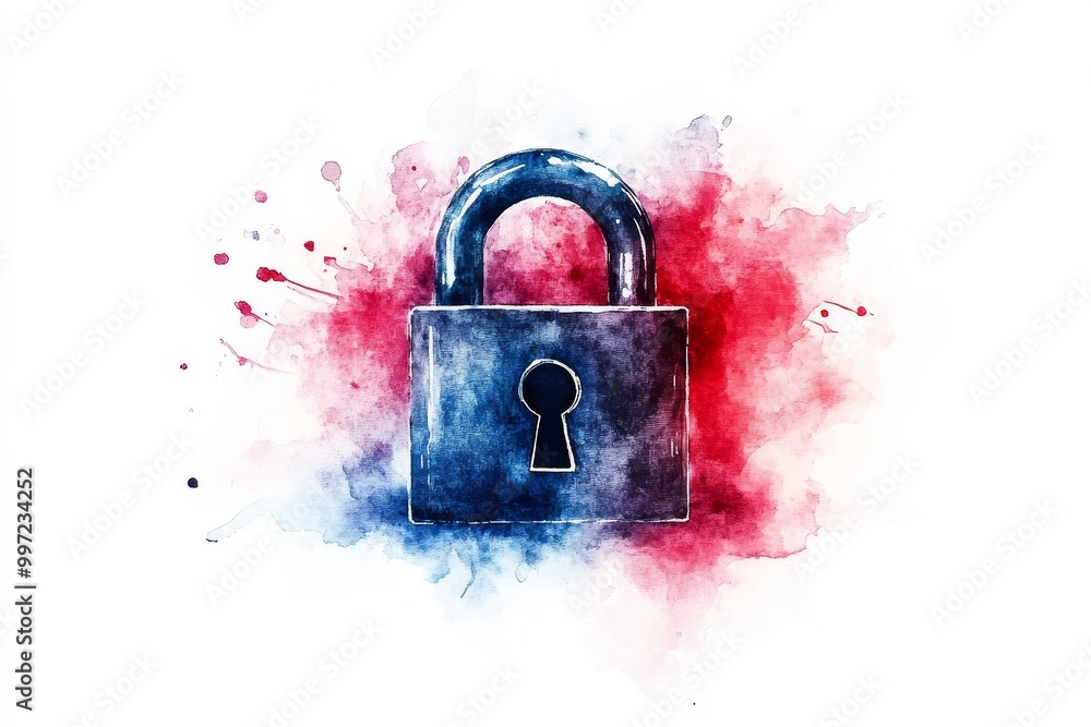 Poster distressed blue and red padlock with splattered watercolor elements symbolizing data security encryp