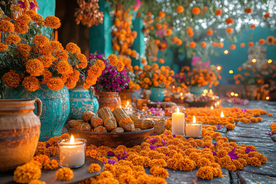 An intricately designed ofrenda with candles, marigolds, photos, and traditional food like tamales and mole, honoring the spirits.