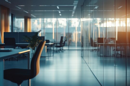 Modern Office Interior at Sunset With Natural Light Illuminating Workspaces and Glass Partitions