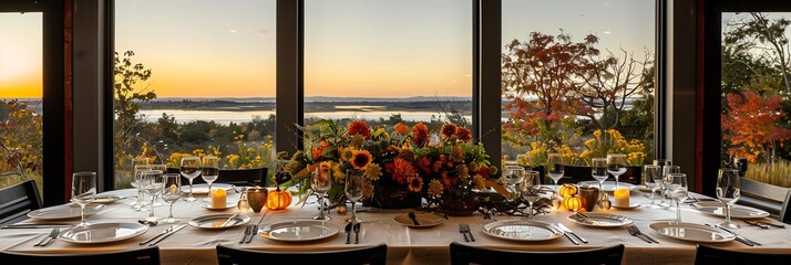 Thanksgiving celebration held at the top of a lighthouse with the table surrounded by panoramic views of the ocean at sunset the waves reflecting golden light